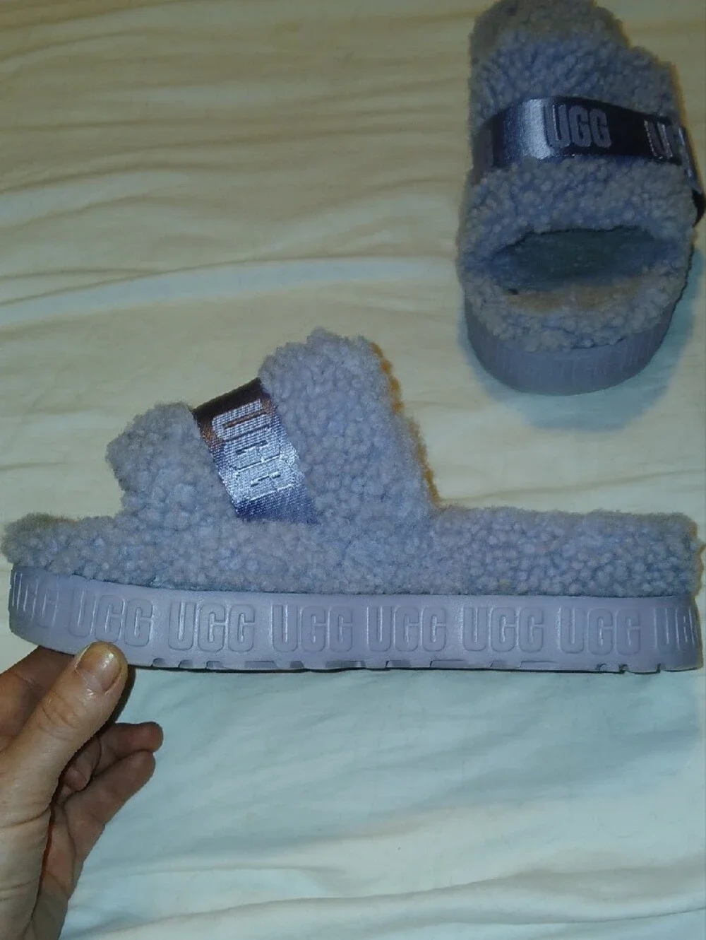 UGG Womens Purple Gray Fluffita Shearling Slide Platform Sandals     Sz: 8